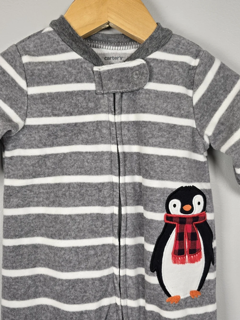 Carter's Fleece Gray & White Striped Penguin Footed One-Piece